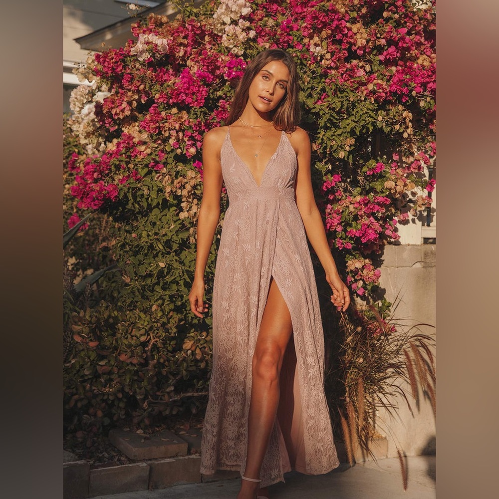 Stolen Moments Dusty Pink Lace-Up Lace Maxi Dress